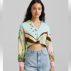 Bershka collar detail retro graphic crop sweater in multi